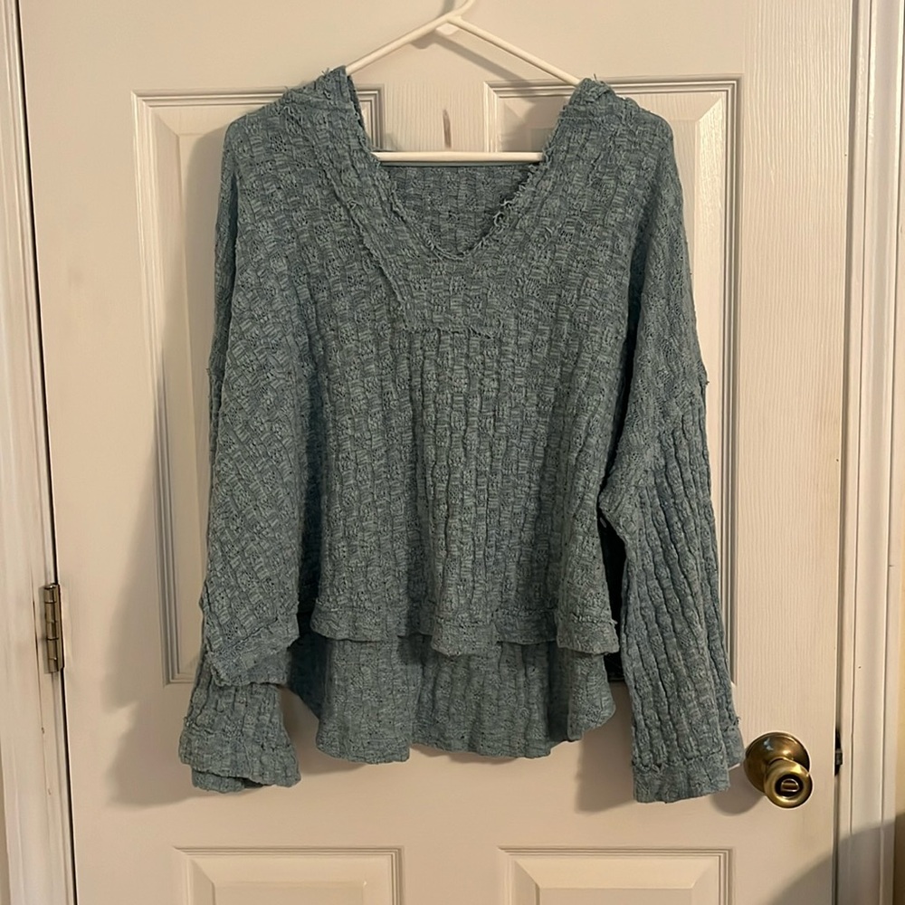 Free People Blue Baja Babe Hacci Hooded Sweater, size small